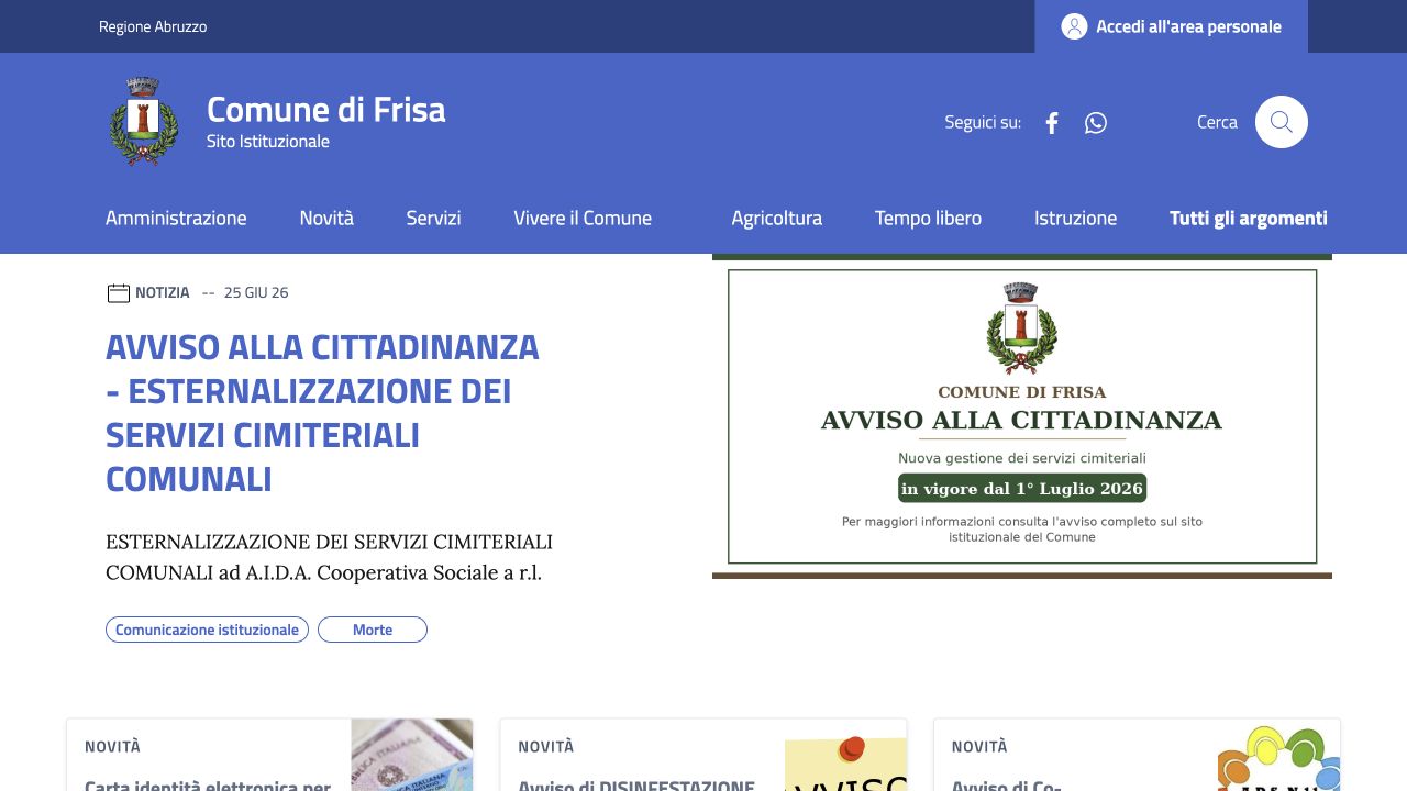 Homepage del sito istituzionale del Comune di Frisa realizzato da Scenicom