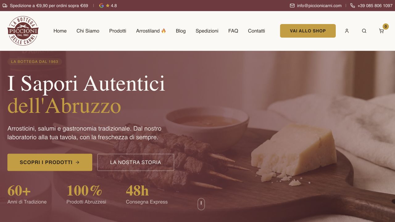 Homepage dell’e-commerce Piccioni Carni progettato e sviluppato da Scenicom