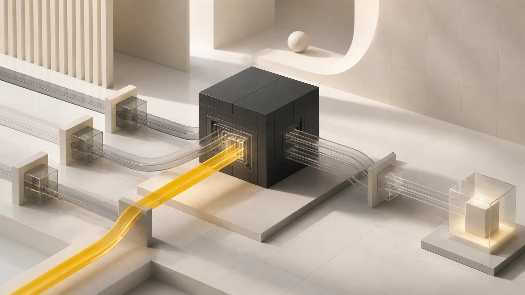 Tre flussi digitali controllati convergono in un nucleo centrale e proseguono verso un risultato misurabile