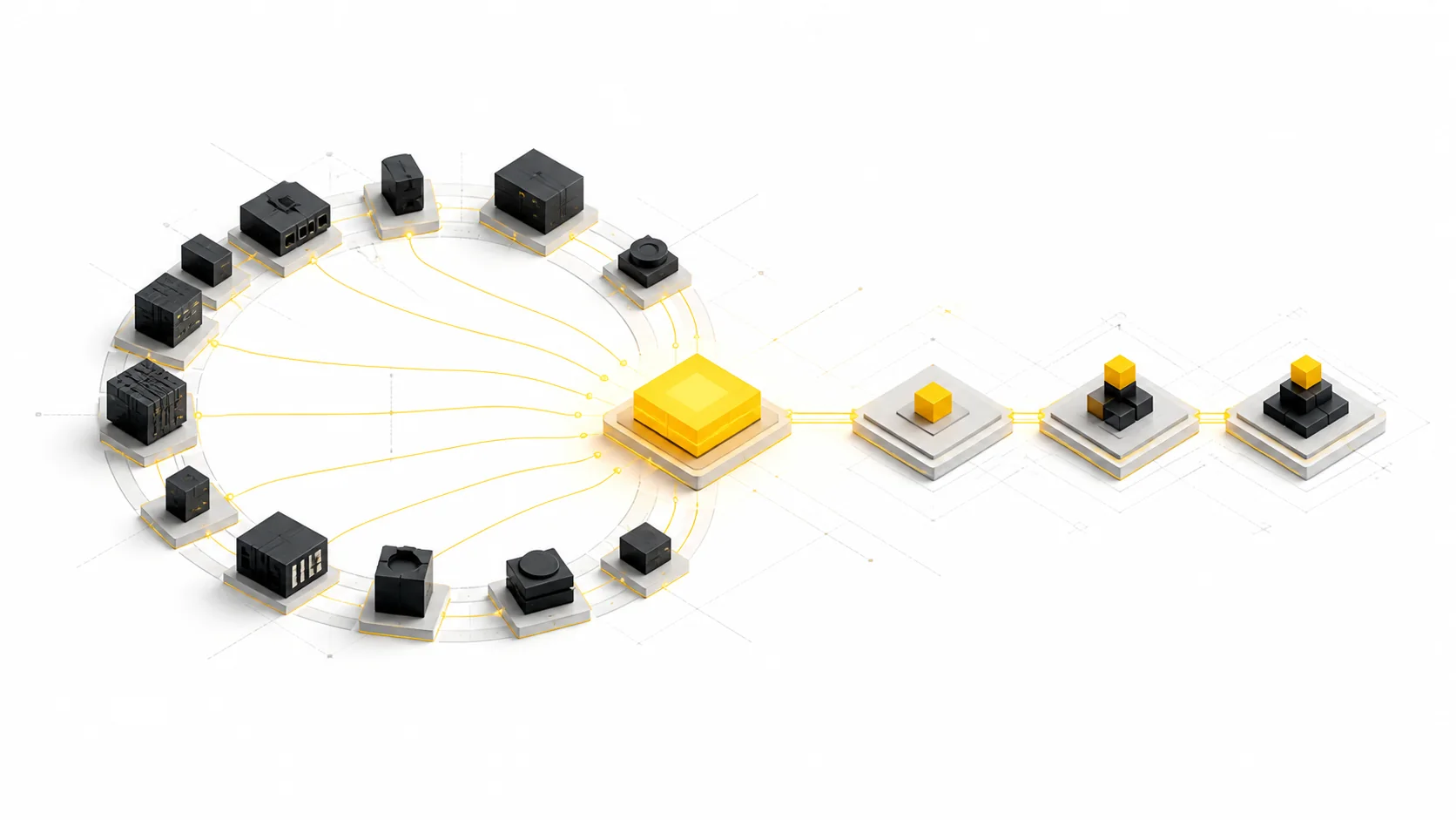 Moduli software e dispositivi connessi convergono in un nodo centrale e in una sequenza ordinata di segnalazione